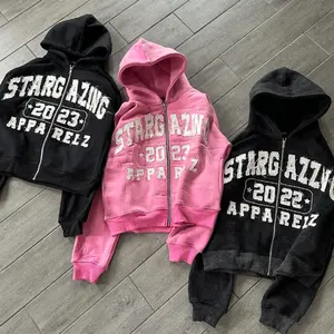 Custom High Quality Vintage Red Drop Shoulder Embroidery Heavyweight Stone Acid Wash Zip Up Hoodie For Men