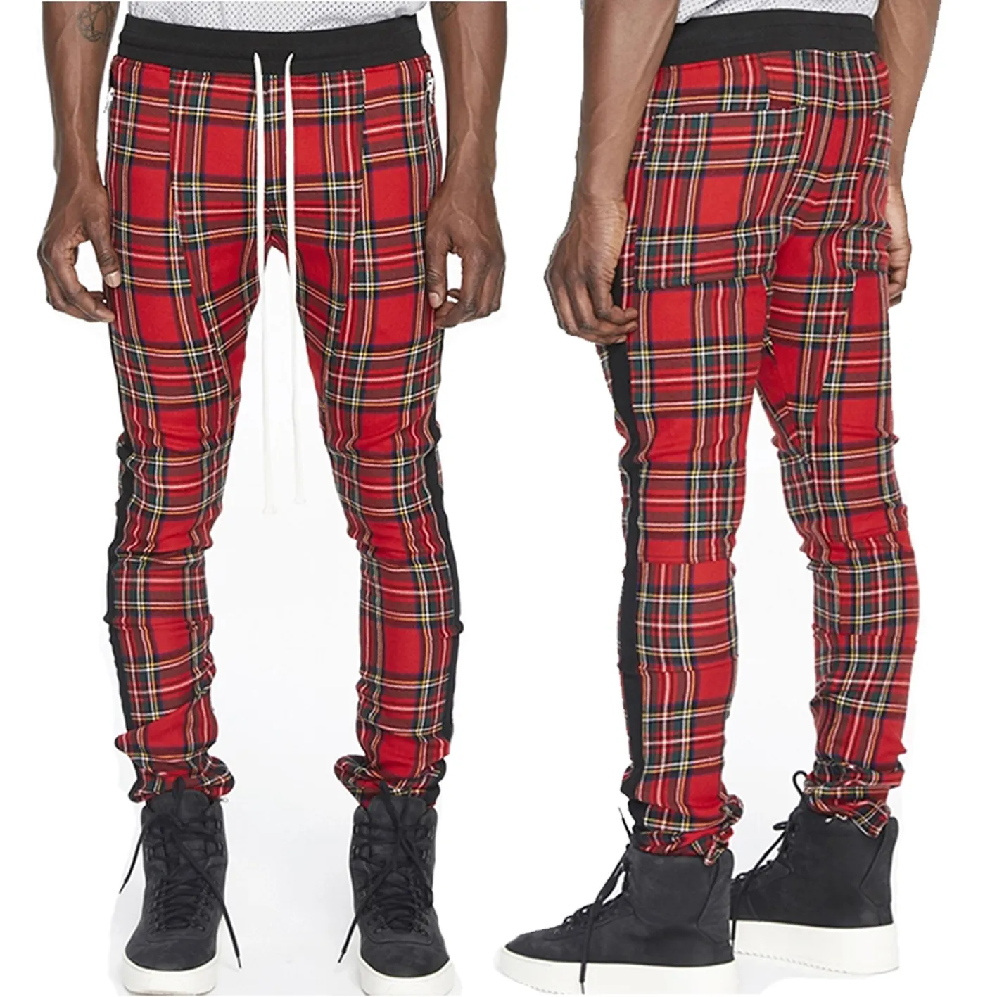 Wholesale male red plaid zipped ankle sport trousers joggers with side stripe mens slim fit sweatpants