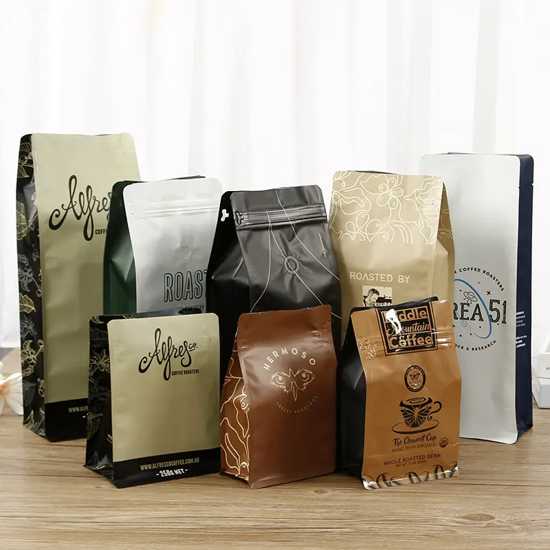 Custom Moisture Proof Recyclable Aluminium Foil 8 Side Seal Flat Bottom Bean Pouch Packaging One Valve Coffee Plastic Bag