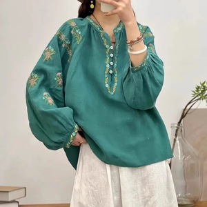 Pink Embroidered Cotton Linen <b>Top</b> Women V-neck Long Sleeve Boho Style Casual Loose Fit Mori Girl Fashion Shirt - Product Image 5