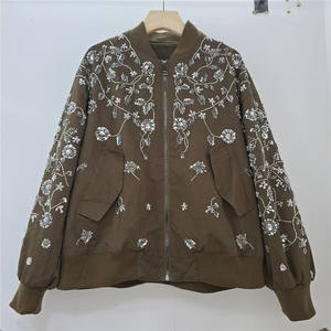 Z2150-2025 automne femmes marron veste col montant tissé perlé fleur fermeture éclair université veste femmes lâche décontracté - Product Image 6