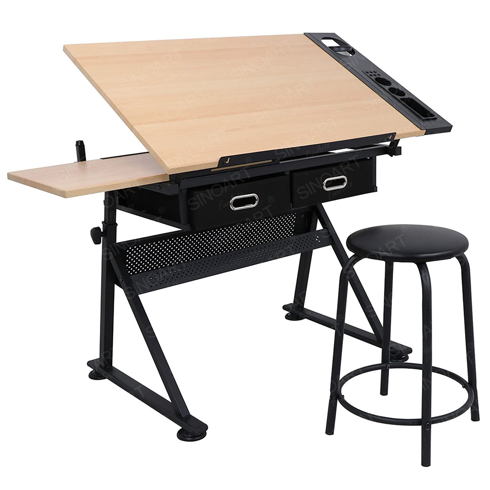CAVINAS Adjustable Tempered Glass Drafting Table With Chair,75° Tilting Drawing Desk W/Storage Drawers And Steel Frame (31.5"-49.5" Height