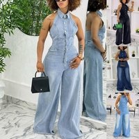 Combinaison en Jean Chic Femme, sans Manches, Col Halter, Jambes Larges, Élégante pour Boutique