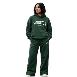 Women's Green Houston Hoodie Sweatpants Set Cotton Casual Loose Fit Full Sleeve Autumn <b>Tracksuit</b> With Side Pockets - Product Image 1