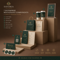 Kit de Branding Personnalisé 7 Pièces pour Restaurants d'Entreprises : Étuis, Sacs, Menus, Autocollants et Présentoirs pour Chaînes, Franchises et Marques Multi-Sites