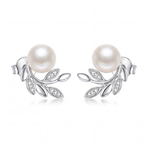 Élégantes boucles d'oreilles clous en argent S925 avec perles en forme de branche d'olivier, bijoux de luxe en zircon en forme de feuille pour femme, cadeau de mariage ou d'anniversaire - Product Image 1