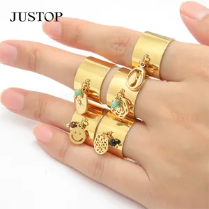 Minimalist 18k Gold Plated Filled Stainless Steel Jewelry Charm Pendant Wide Adjustable Opening Finger Charms Rings For Women