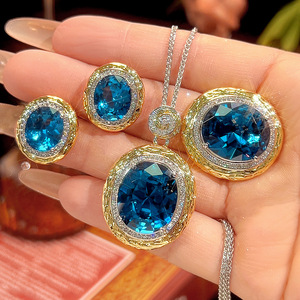 9 Bijoux Vintage en Cuivre Plaqué Or, Mode, Zircon Cubique Bleu Taille Ovale 15*18-10*12mm, Lot de 3 Pièces pour Fiançailles, Mariage et Fêtes - Product Image 1