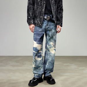 Jean en denim évasé pour homme, style motard, design de niche unique, punk, streetwear, avec patchs et déchirures, effet vieilli - Product Image 2