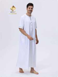 Al Haramain <b>Men's</b> Cotton <b>Thobe</b> Short Sleeve Round Neck Floor Length Solid Color Modest Prayer Robe Middle East Style - Product Image 2