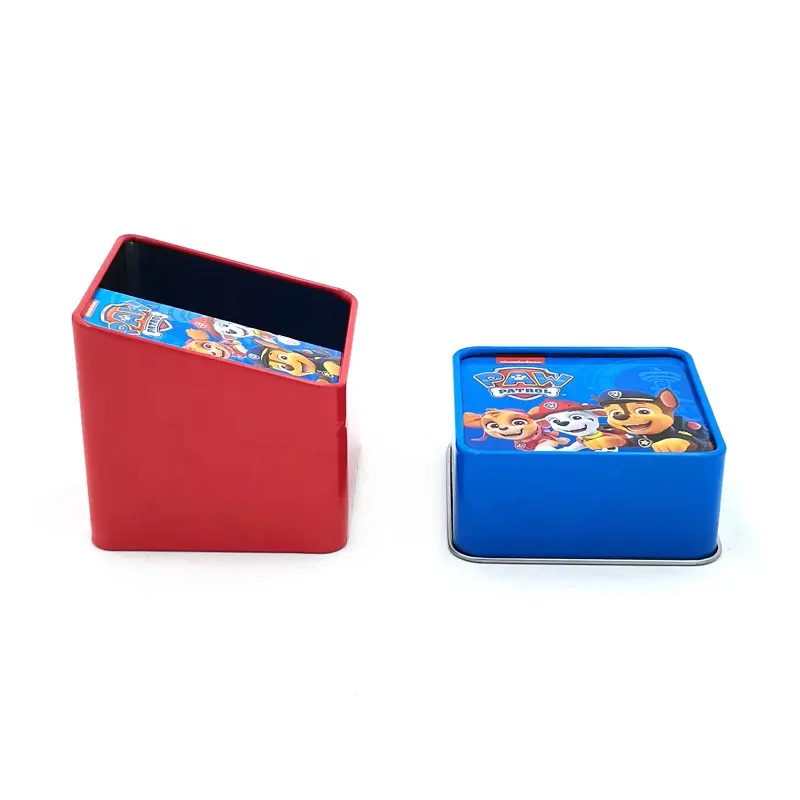 علبة صفيح معدنية بأشكال كرتونية, علبة صفيح معدنية بأشكال كرتونية صغيرة مربعة مع فم مائل مع حامل ورقي للتغليف في صندوق صفيح صغير للألعاب