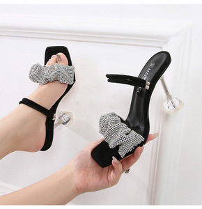 Sandales pour femmes, deux modes de portage, 34-46, talon à paillettes et strass, mules d'été à bout carré - Product Image 1