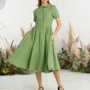 Vestido Camisero de Lino para Mujer, Personalizado, de Alta Calidad, Casual, Veraniego, Holgado, de Manga Corta, con Cuello Camisero y Botones - Product Image 1