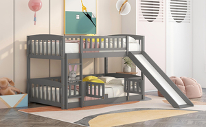 Lit superposé gris double avec glissière, barrière de sécurité et échelle robuste pour la chambre des enfants et des adolescents - Product Image 6