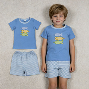 Conjuntos de Ropa para Bebé Niño, Boutique RTS, Estilo Casual, Primavera-Otoño, Estampado con Bordado de Peces, Camiseta y Pantalones Cortos, 2 Piezas, Nuevos Estilos - Product Image 1