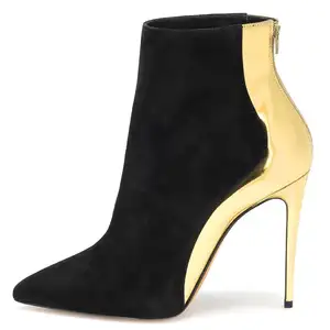 בתוספת גודל 46 נעלי נשים שחור זמש זהב פטנט עור טלאי פגיון נשים קרסול מגפיים