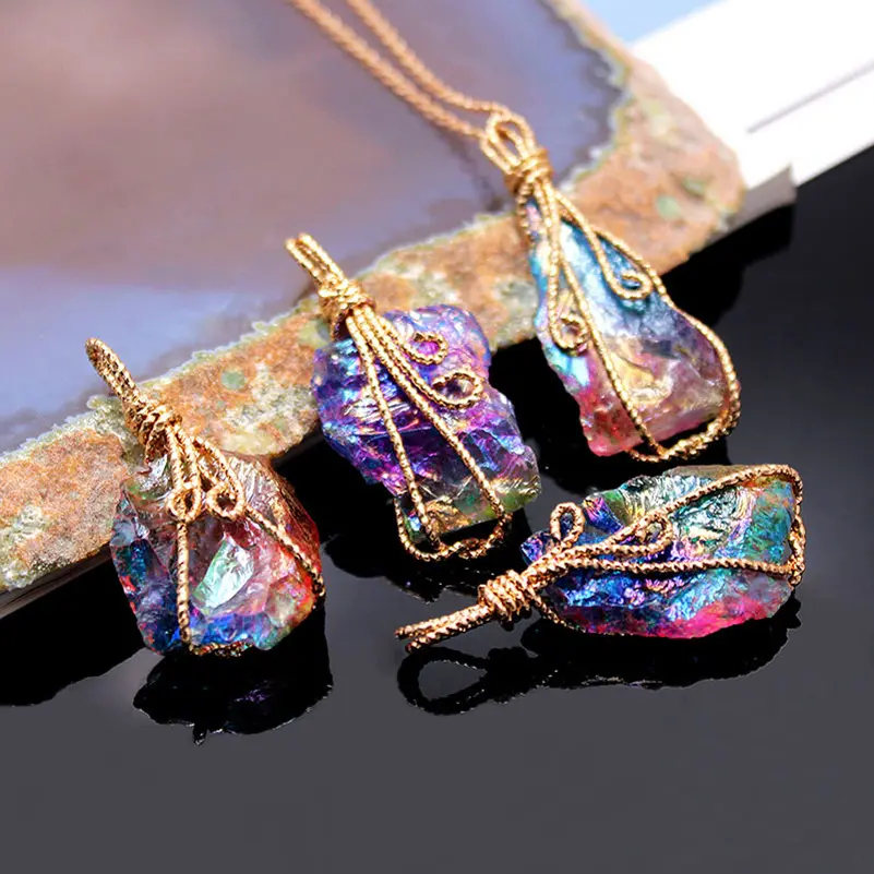 Natural Rainbow Stone Necklace Healing Crystal Rock Quartz Pendant Birthstone Gold Plated Full Wire Wrap Jewelry 18inch Chain