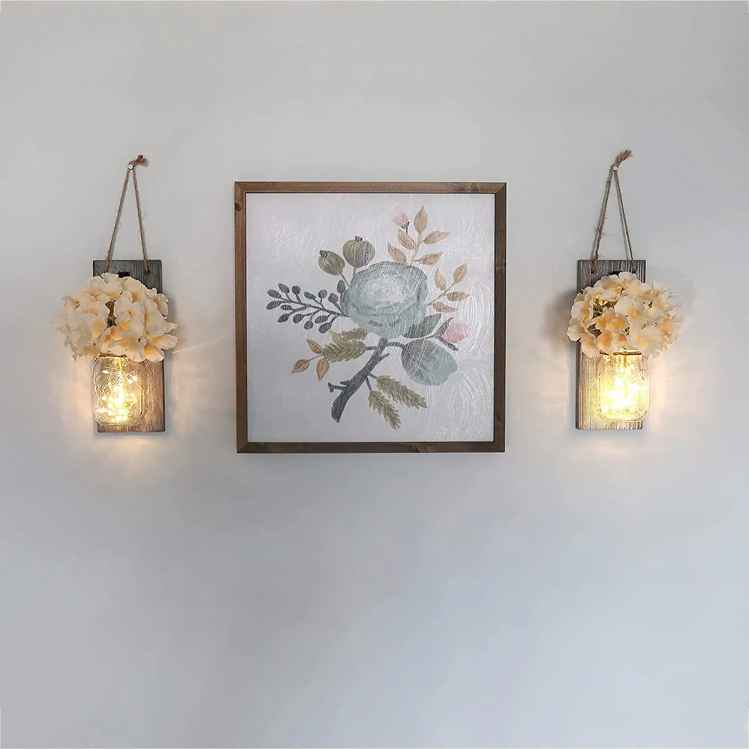 Rustic Wooden Wall Art Hanging Decor With LED String Lights Flowers Modern Home Living Room Bedroom Mason Jar Sconces Decor