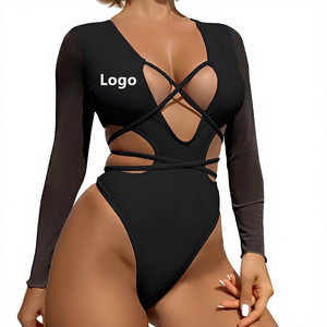 Maillot de bain une pièce monokini personnalisé pour <span class=keywords><strong>femme</strong></span>, style carnaval, avec manches en maille noire, tenue sexy à découpes, pour festival, taille XL et plus, avec logo - Product Image 1