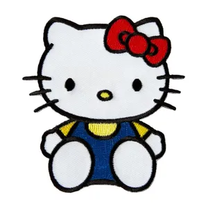 Insignias de parche bordado de Hello Kitty de tela personalizada, parches bordados para coser, parche tejido para ropa