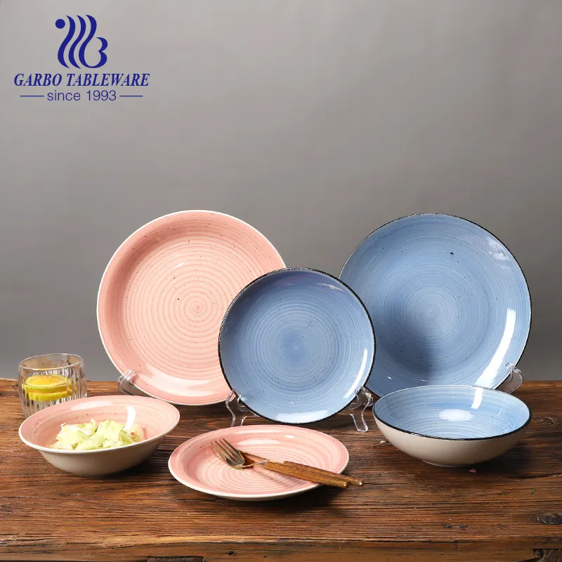 Bán buôn Hand Painted Vòng tròn thiết kế Dinning 16 cái đồ đá Set Fancy đồ ăn Set cho ăn tấm gốm ăn tối bát