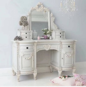 Ensemble de chambre à coucher classique en bois massif sculpté de style antique ivoire, style romantique français victorien, chambre à coucher pour fille, taille Queen, gris - Product Image 3