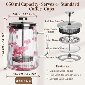Cafetera Francesa de Doble Pared con Capa de Flores Secas - Cafetera Manual, Espumador de Leche - Product Image 5