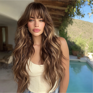 2025 mode nouveau 30 pouces marron faits saillants dames perruque-queue <span class=keywords><strong>de</strong></span> cheveux micro-bouclés naturellement soignée frange quotidienne et tarte SM451 - Product Image 6