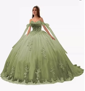 Vestido De Quinceañera <span class=keywords><strong>Verde</strong></span> Estilo Baile con Hombros Descubiertos Apliques Florales y Lazo de Encaje en Espalda Tipo Corsé para Fiesta de Chicas - Product Image 4