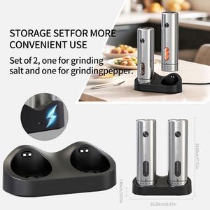 New Silver Electric Salt <b>Pepper</b> <b>Grinder</b> Set USB Charging Base LED Light 6-Level Adjustable Coarseness Stainless Steel - Product Image 4