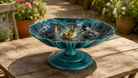 Bain d'oiseaux en résine écologique en forme de coquille de verdigris, alimenté par l'énergie solaire, résistant aux intempéries, pour oiseaux sauvages et jardin