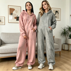 OEM Custom Manufacturer logo 100%Cotton Casual Women Baggy 2 Pieces Joggers Set Zip up Oversized Crop Hoodie and Sweatpants Sets - Product Image 1