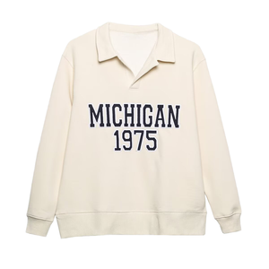 Breathable Autumn Letter Embroidery Long Sleeve Turn Down Collar Beige Color Casual Knitted Fashion Sweatshirt for Women - Product Image 1
