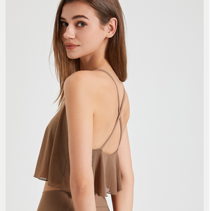 Women Mesh Ruffle <b>Flowy</b> Cami Tank <b>Top</b> Adjustable Cross Back Thin Spaghetti Strap V Neck Yoga Cover Up Sleeveless Workout Vest - Product Image 2