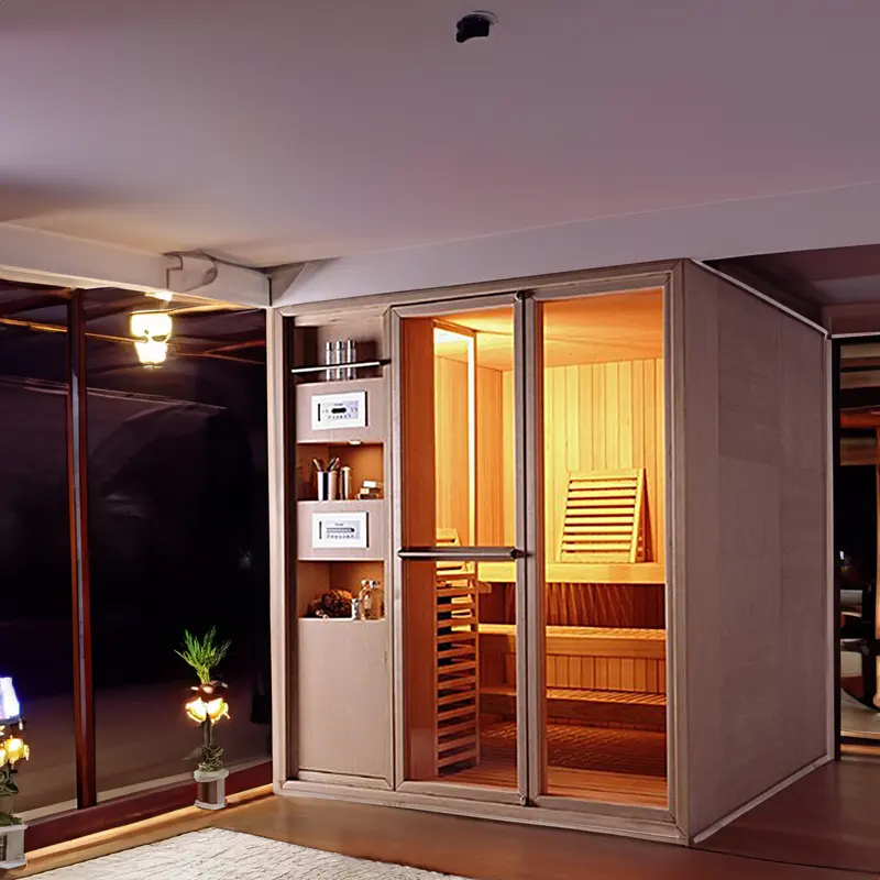 Hölzerne trockene Infrarot-Sauna Badezimmer Tragbare Außen sauna und Dampfbad mit Spiegelfenster-Whirlpools Eckglas