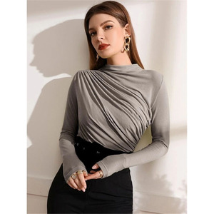 T-shirt da <span class=keywords><strong>donna</strong></span> autunno e inverno t-shirt a <span class=keywords><strong>collo</strong></span> <span class=keywords><strong>alto</strong></span> con Design plissettato Streetwear t-shirt Joker a maniche lunghe t-shirt da <span class=keywords><strong>donna</strong></span> - Product Image 1