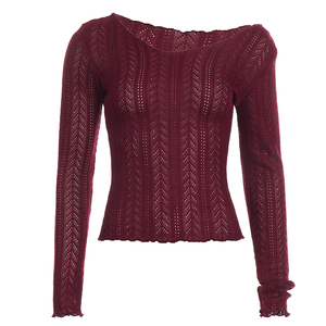 Solid Color Open Knit Textured <b>Top</b>, <b>Long</b> <b>Sleeve</b> Women's Knit T Shirt, Casual Lightweight Pullover, Minimalist <b>Y2K</b> Fashion - Product Image 6