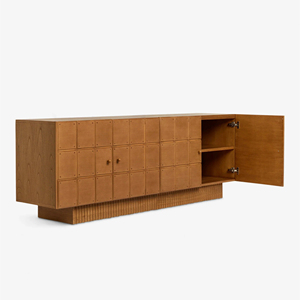 Meuble TV en bois massif à mosaïque à carreaux rétro, base à motif vertical ondulé, comptoir rectangulaire long à grande capacité de rangement - Product Image 3