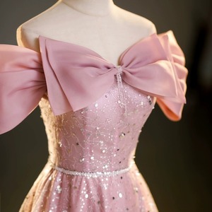 Robes de soirée personnalisées roses pour femmes, coupe trapèze, à sequins, épaules dénudées, pour bal de promo, anniversaire, soirée formelle, Vestido De <span class=keywords><strong>Fiesta</strong></span> - Product Image 4