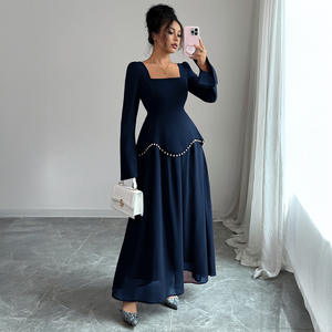 فستان نسائي جديد طويل وأنيق بياقة مربعة وأكمام طويلة مزين باللؤلؤ ومرقع، فستان طويل أنيق وبسيط وراقي - Product Image 5