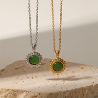 Collar con Colgante Redondo de Acero Inoxidable Dorado con Piedra Natural Verde Ojo de Gato Ovalada para Mujer, Venta al Por Mayor