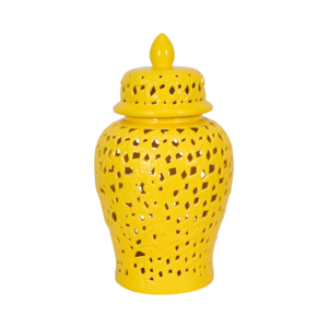 Vaso in ceramica con design traforato, urna decorativa gialla per l'esposizione in soggiorno - Product Image 1