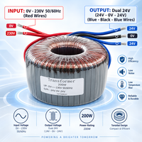 Transformateur toroïdal 200W 230V vers double 24V 50/60Hz à noyau en cuivre pur pour amplificateur audio et alimentation électrique