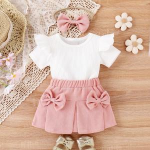 Children's Clothing New Summer Cute Baby Girl Flounced Sleeve Sunken Stripe Short Sleeve Multicolor <strong>Corduroy</strong> Skirt <strong>Outfit</strong> - Product Image 4