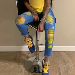 Liluo 2024 New Ripped <strong>Jeans</strong> for <strong>Women</strong> <strong>Yellow</strong> Scratch Denim Pencil Pants High Waisted Stretch Skinny Hollow Out Sexy Female <strong>Jeans</strong> - Product Image 2