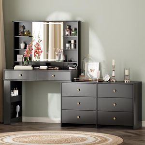 Modern Vanity Desk with LED Mirror &amp; Charging Port 8 Drawers &amp; <strong>Storage</strong> Shelves Wood Makeup <strong>Dressing</strong> <strong>Table</strong> <strong>for</strong> Bedroom - Product Image 2