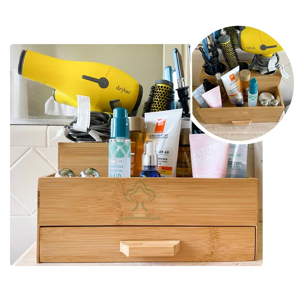 Wooden Hair Dryer Holder With Drawer Hair Tools and Styling Supplies Organizer and Storage for Vanity and Bathroom