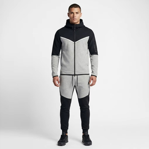 Ensemble de survêtement technique en molleton personnalisé avec logo d'usine pour homme, en coton et polyester épais 380 GSM, avec sweat à capuche zippé color block et pantalon de jogging coupe ajustée pour la gym - Product Image 1