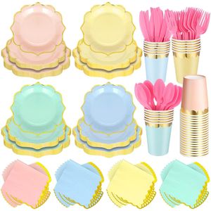 Kit de fournitures de fête jetables, assiettes, gobelets, serviettes et ustensiles en papier multicolores pour célébrations - Product Image 1