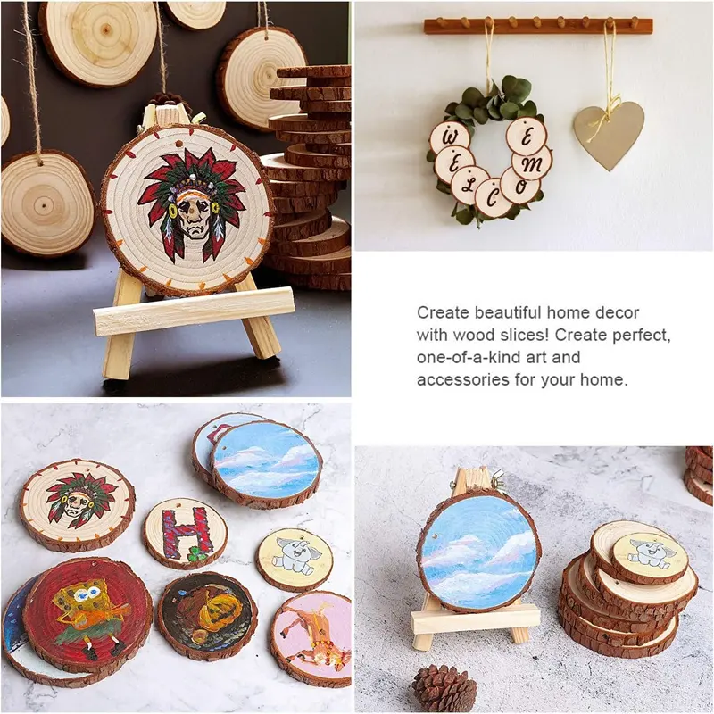 4 pouces de cercles en bois prépercés non finis Tranches d'arbre en bois naturel avec trou pour les ornements de Noël DIY Arts Craft